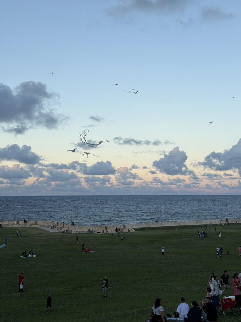 People relaxing on the lawn outside El Morro with colorful kites flying overhead